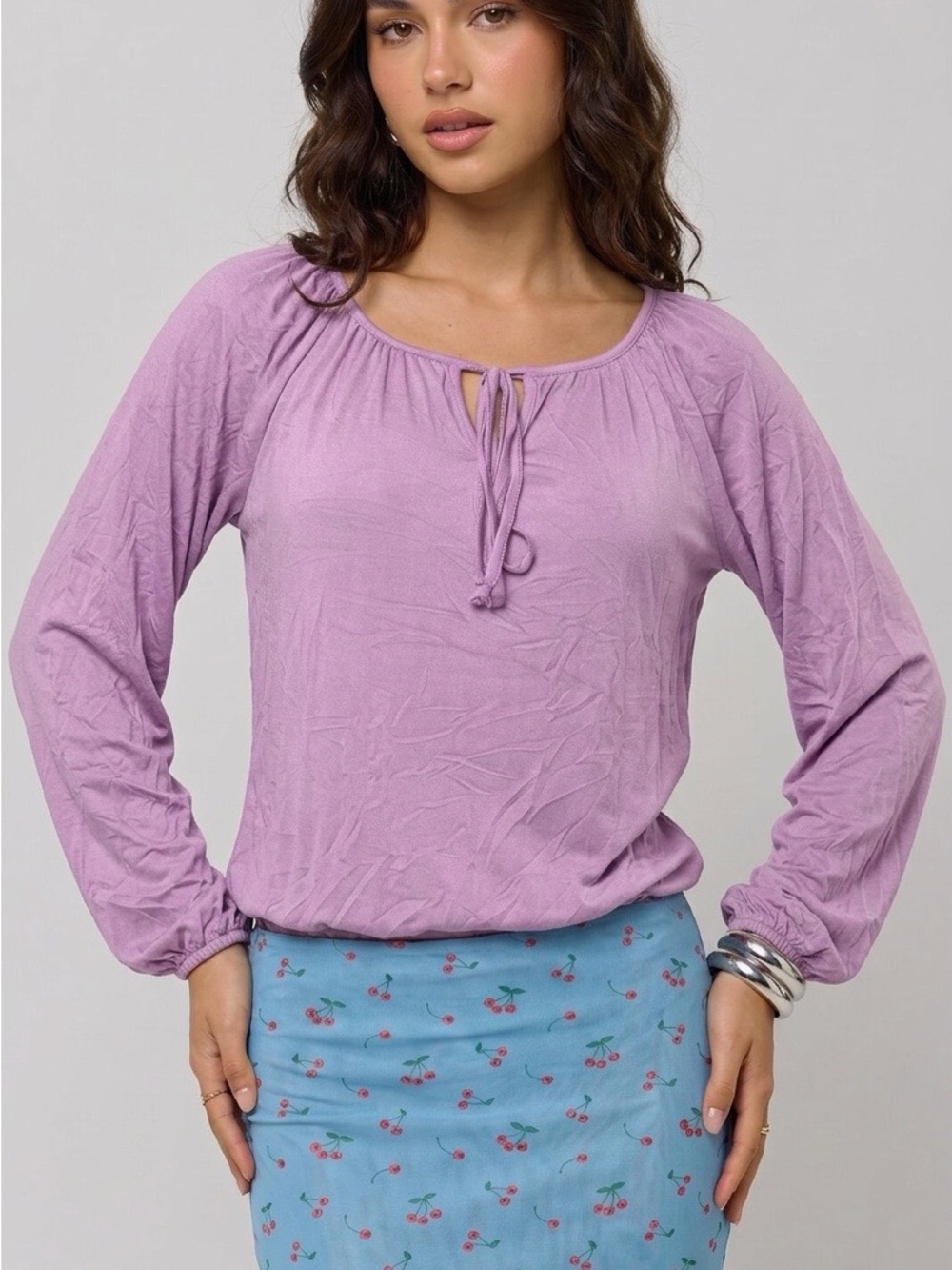 Women’s Lavender Tie-Neck Long Sleeve Tunic Top